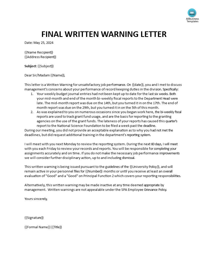 Final Written Warning Letter for Poor Job Performance main image