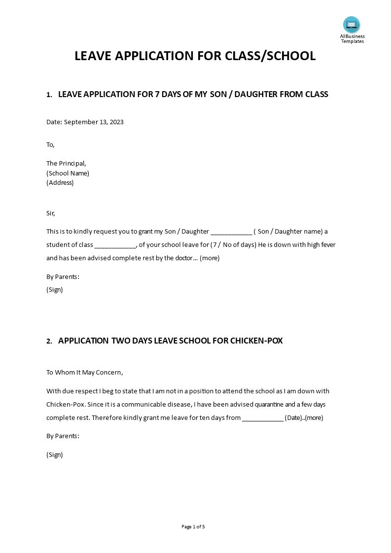 Leave Application Form School Messages Template main image