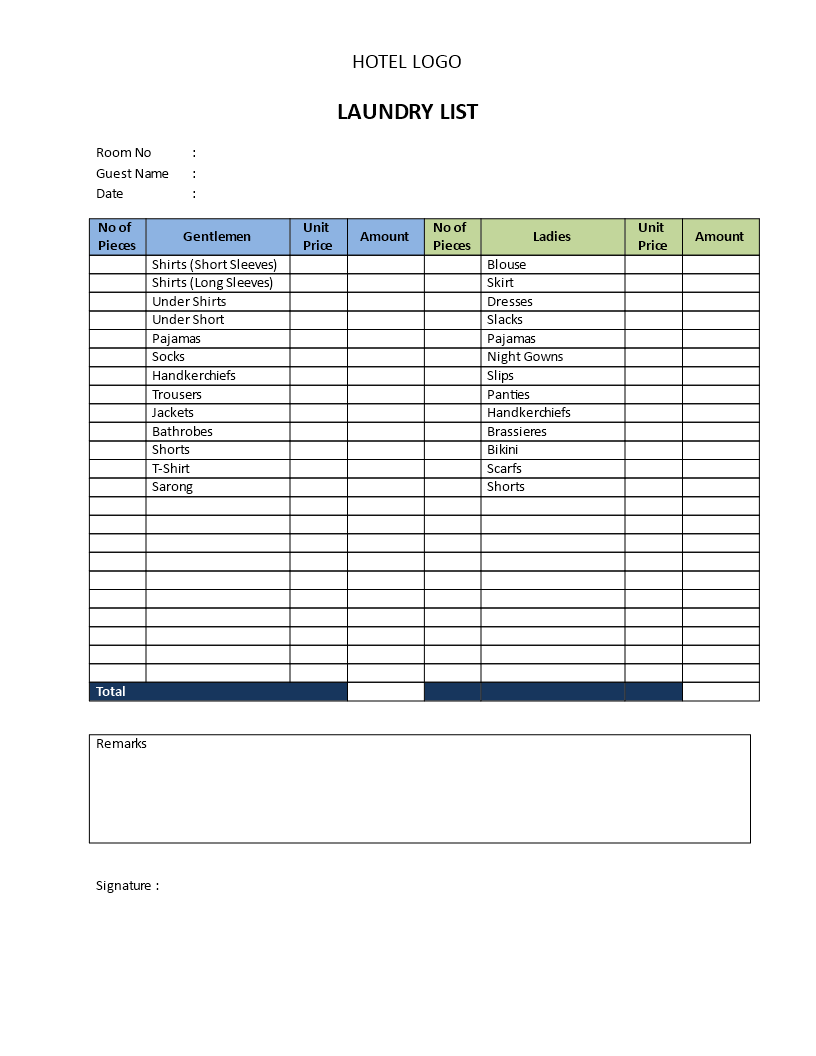 hotel laundry price list template