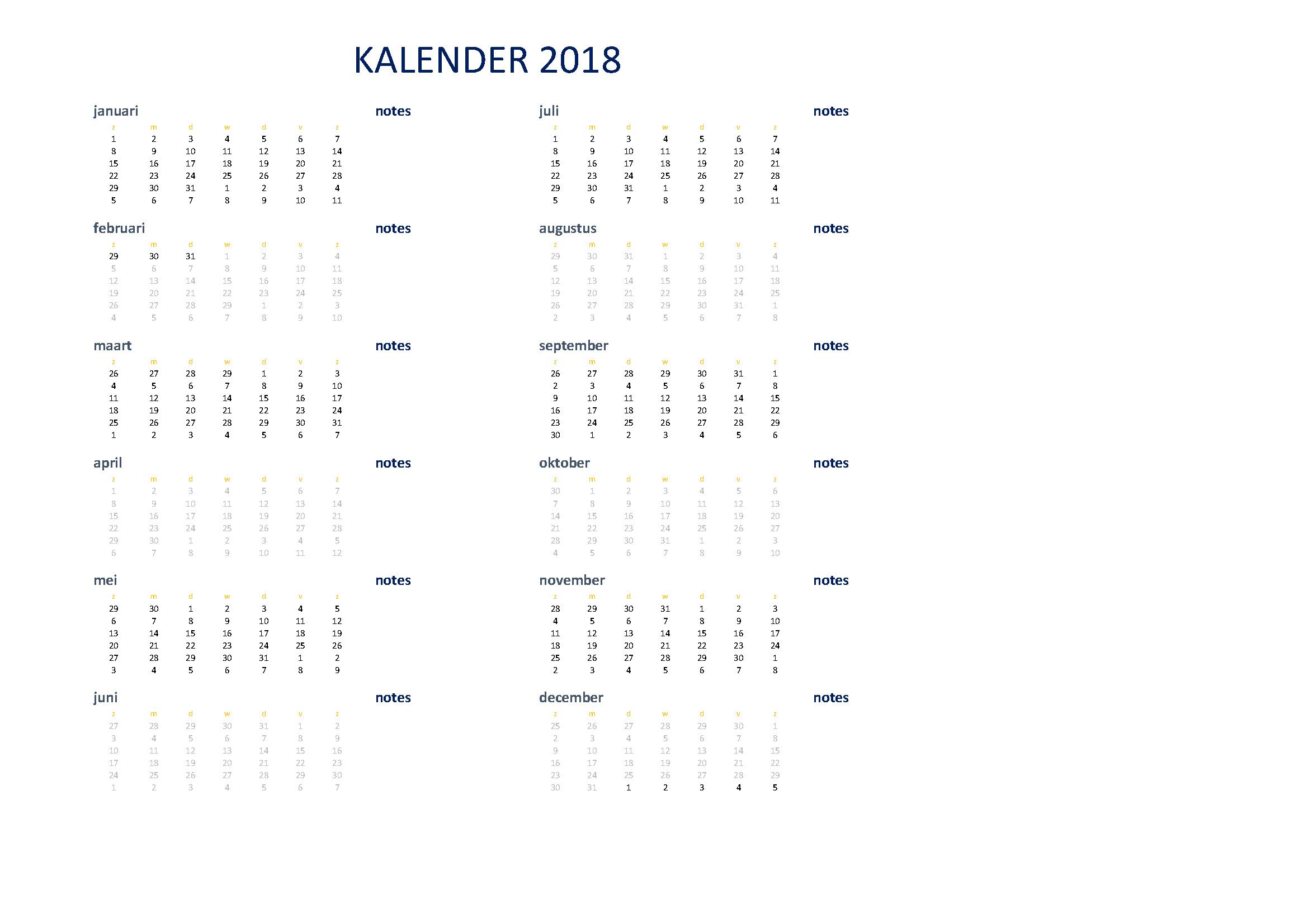 2018 Kalender Excel NL 模板