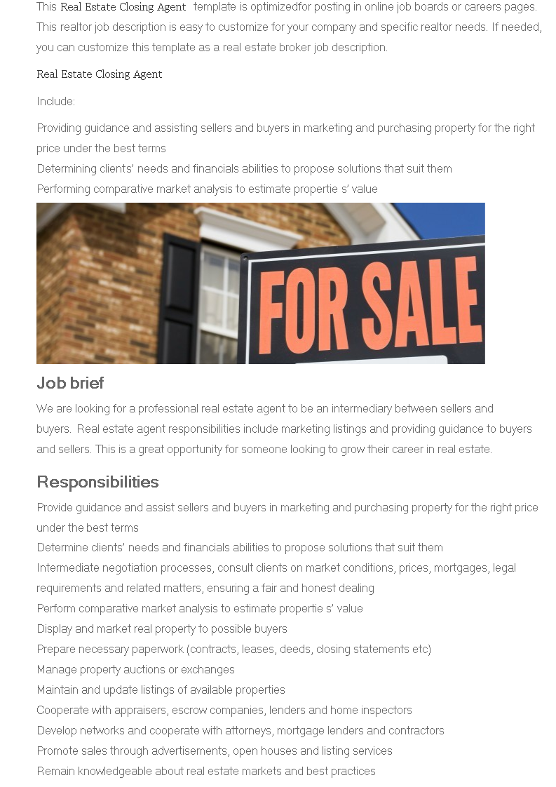 Real Estate Closing Agent Job Description main image