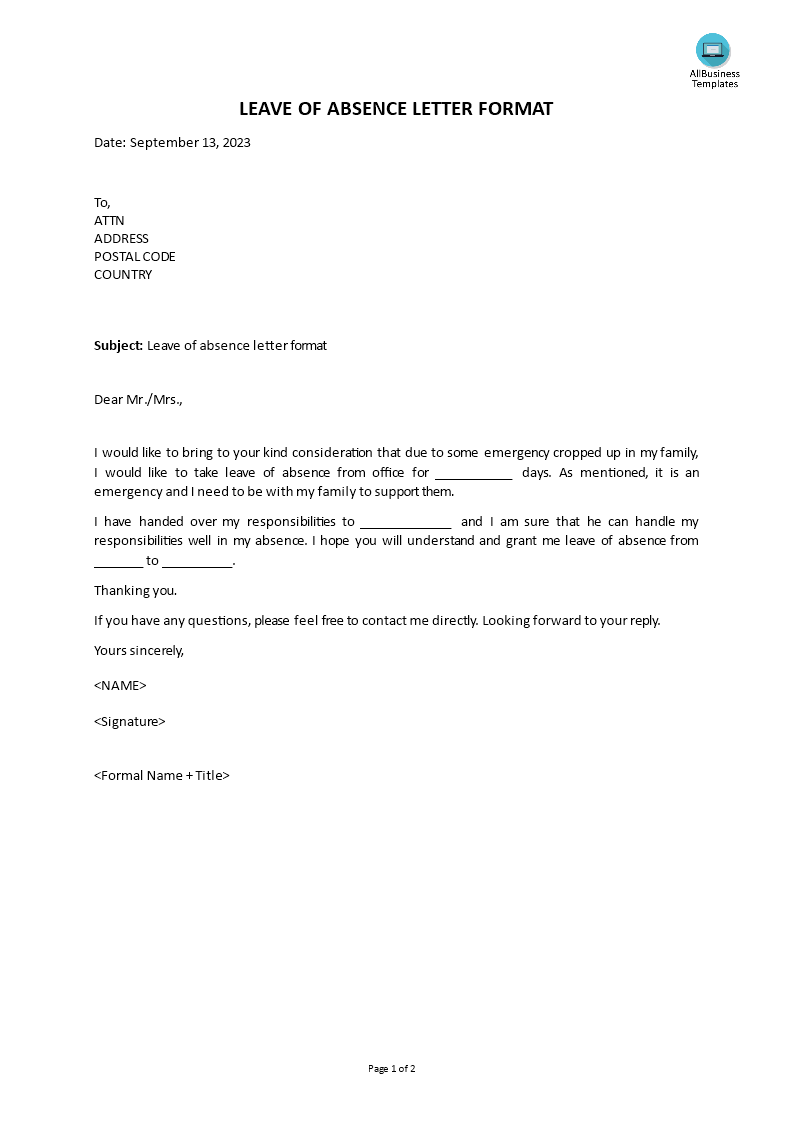 Leave Of Absence Letter Format main image