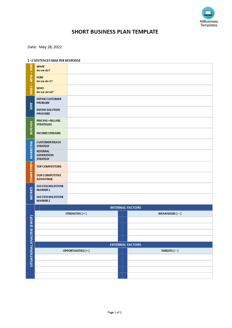short business plan template template