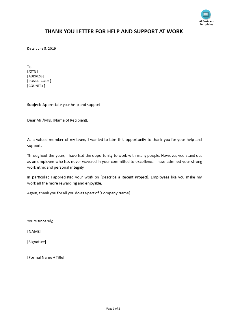 thank you letter for help and support at work template