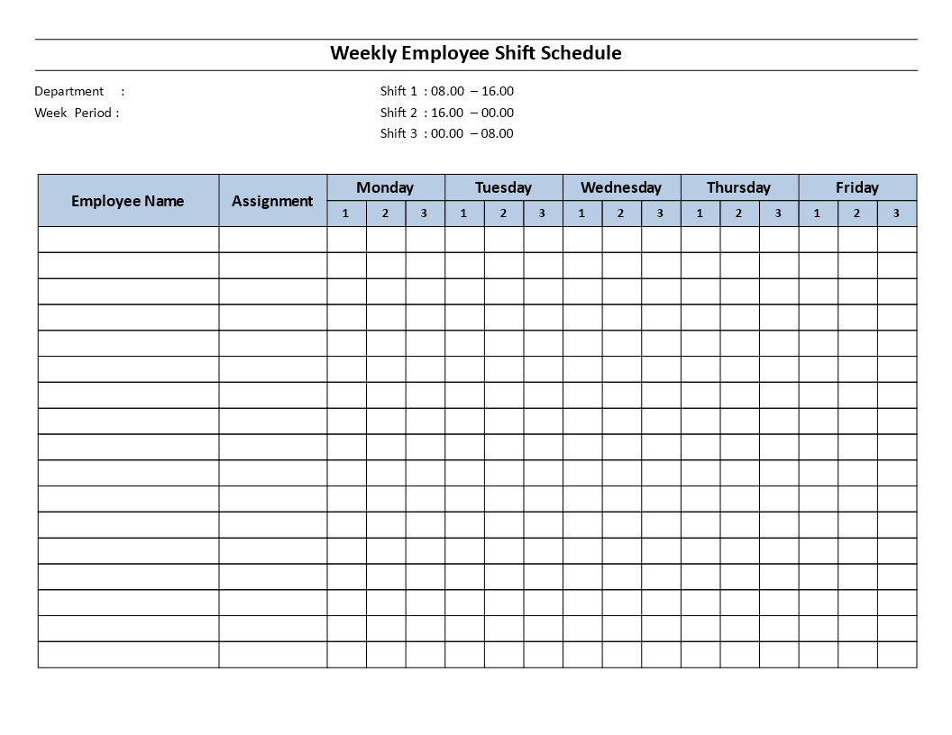 Weekly employee 8 hour shift schedule Mon to Fri main image