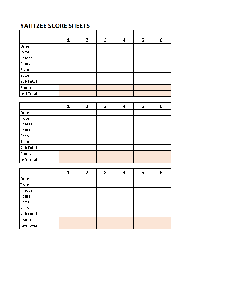 Yahtzee Score Sheets worksheet 模板