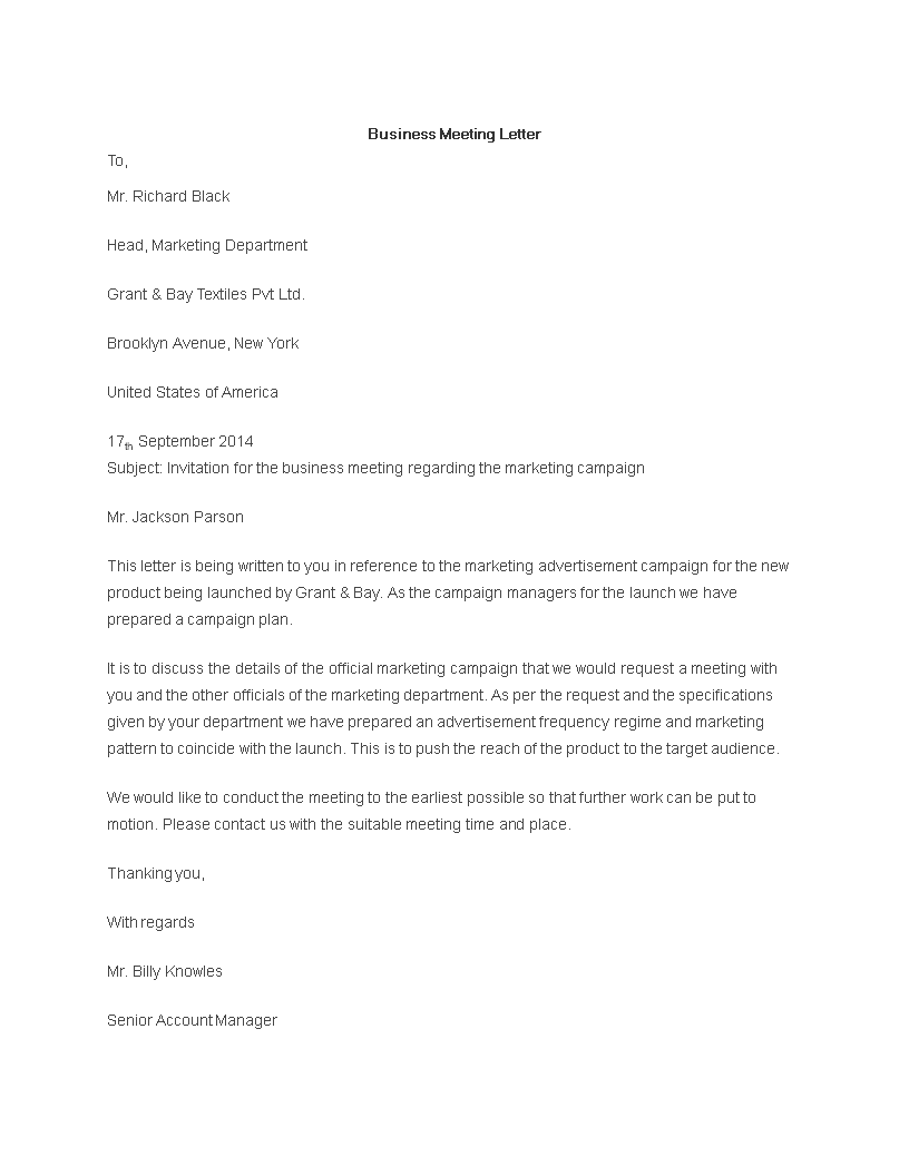 formal invitation for business meeting letter sample template