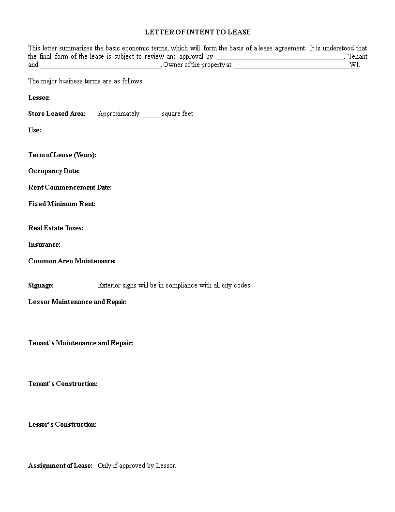 Letter of Intent to Lease template main image