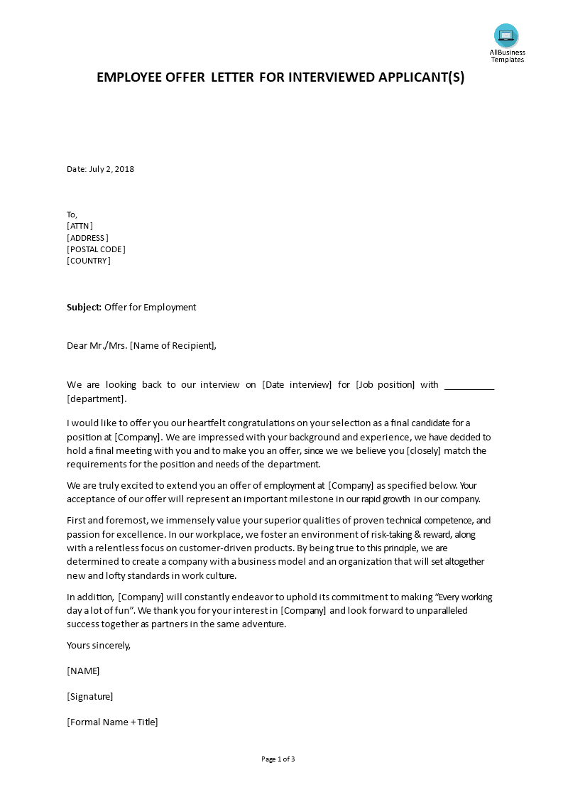 employee offer letter template