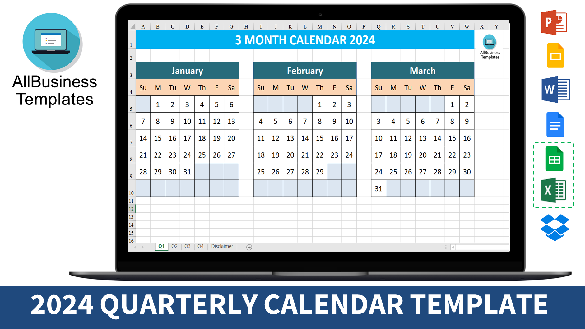 3 Month Calendar 2024 模板