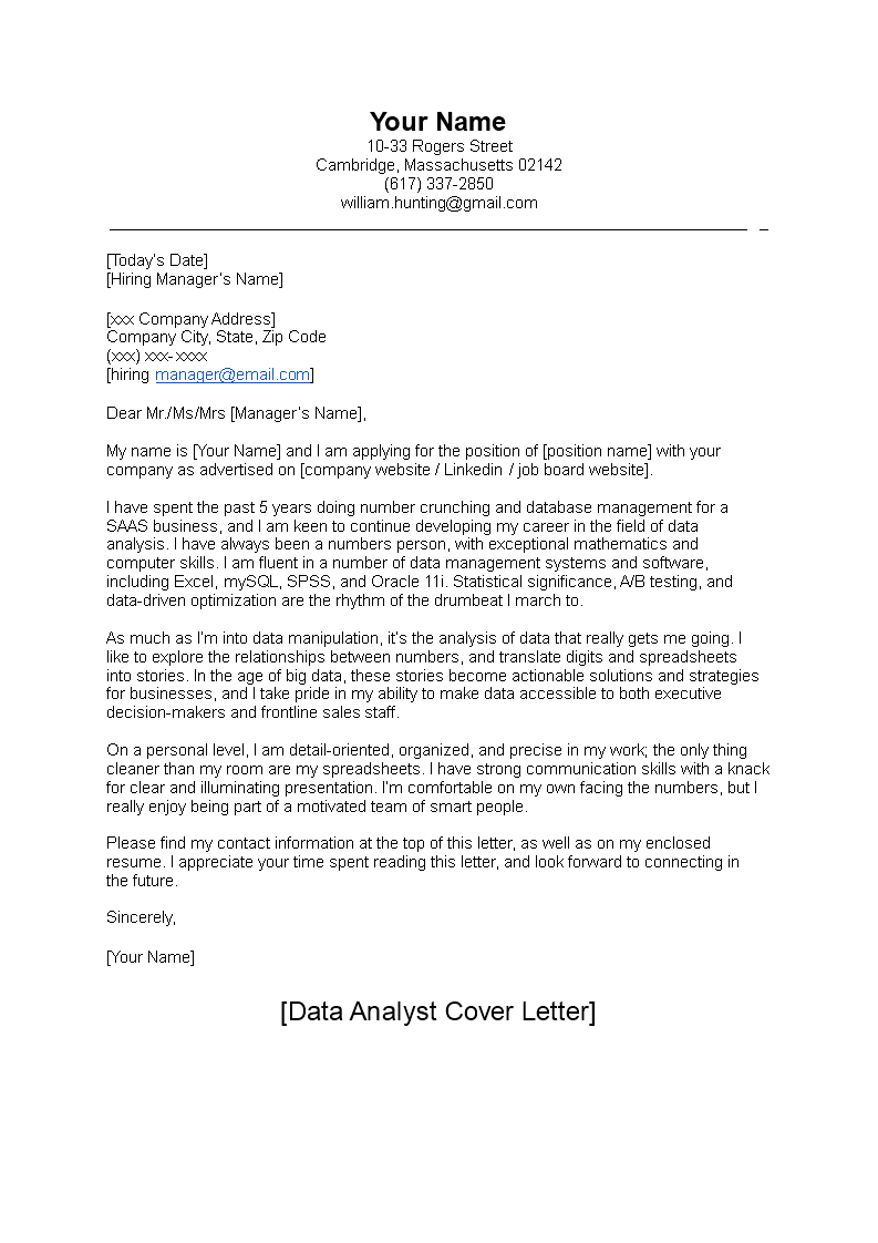 data analyst cover letter sample template