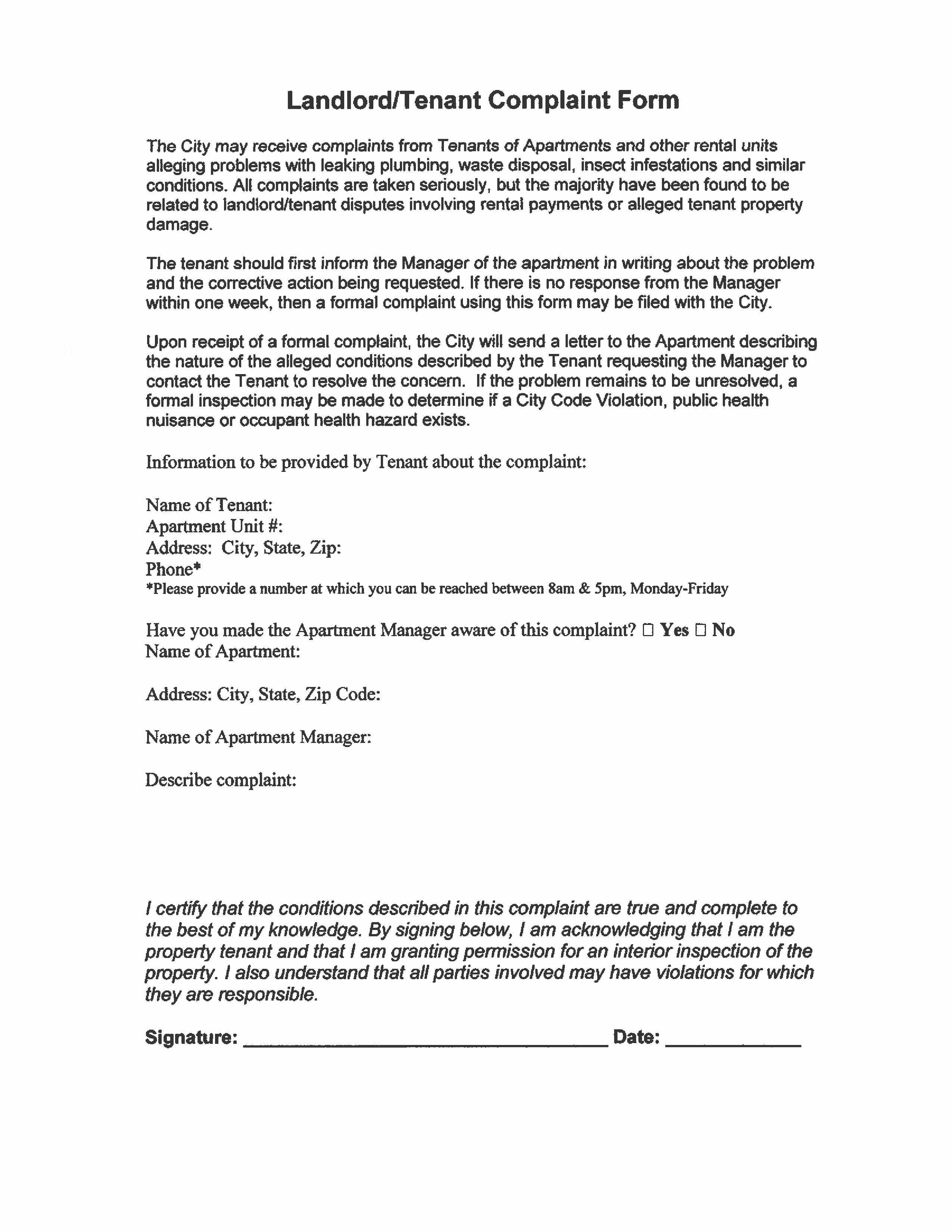 complaint form about rental agreement for tenant template