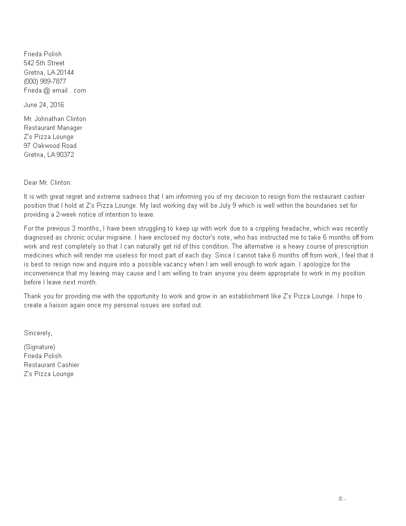 Resignation Letter For Restaurant Cashier main image