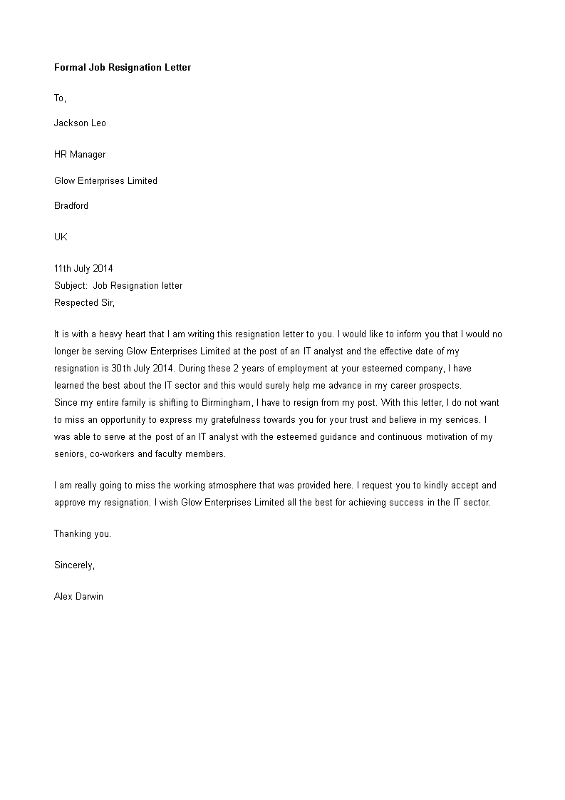 Heartfelt Job Resignation Letter main image