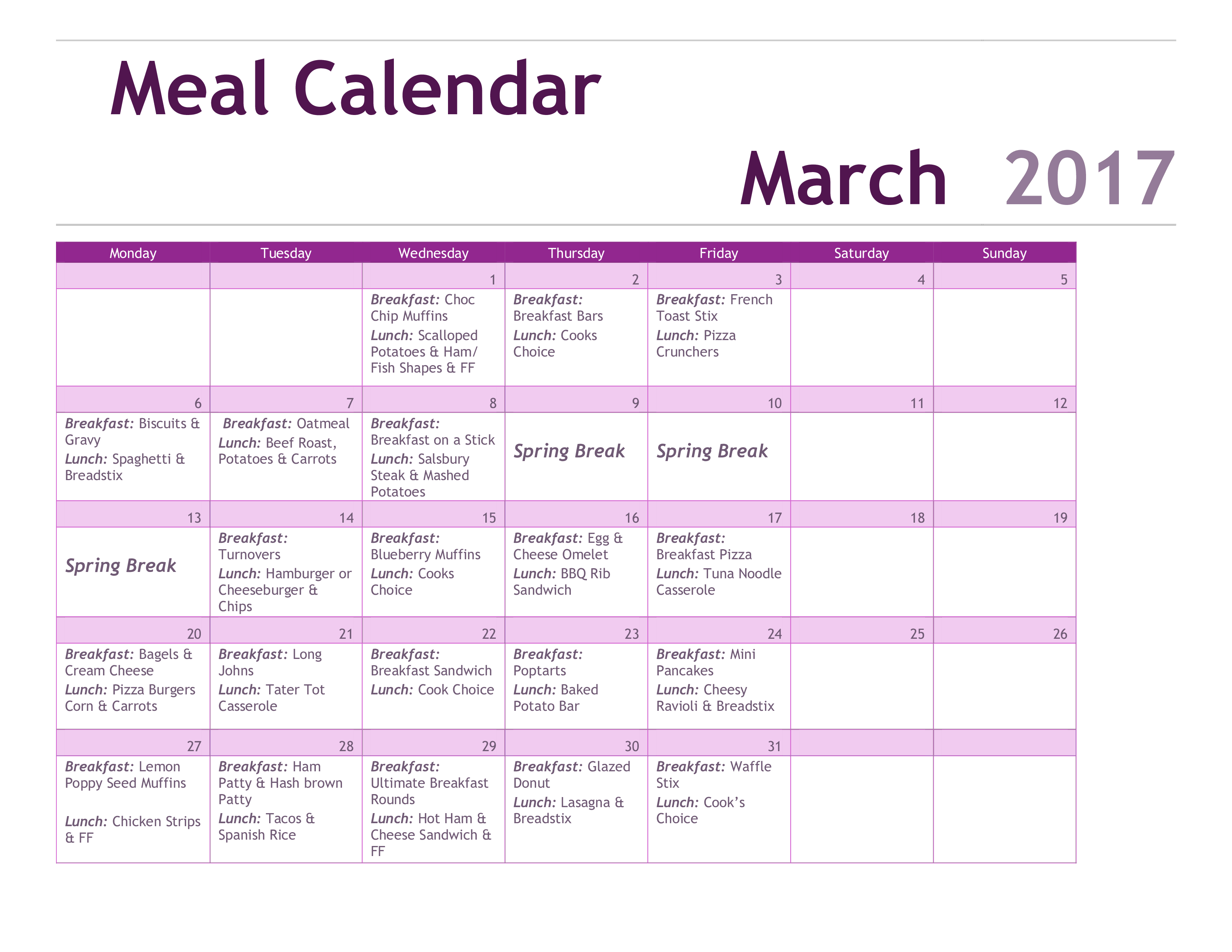 printable Meal Calendar PDF main image