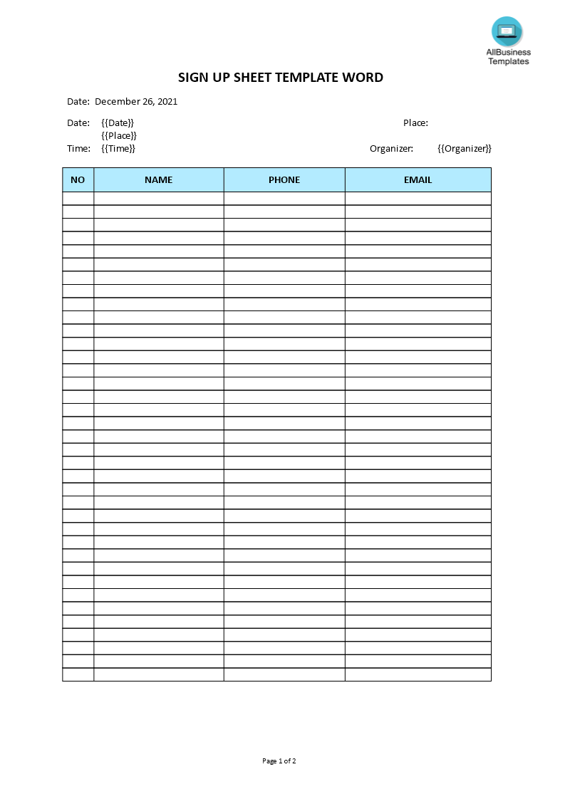 Sign Up Sheet Template Word main image