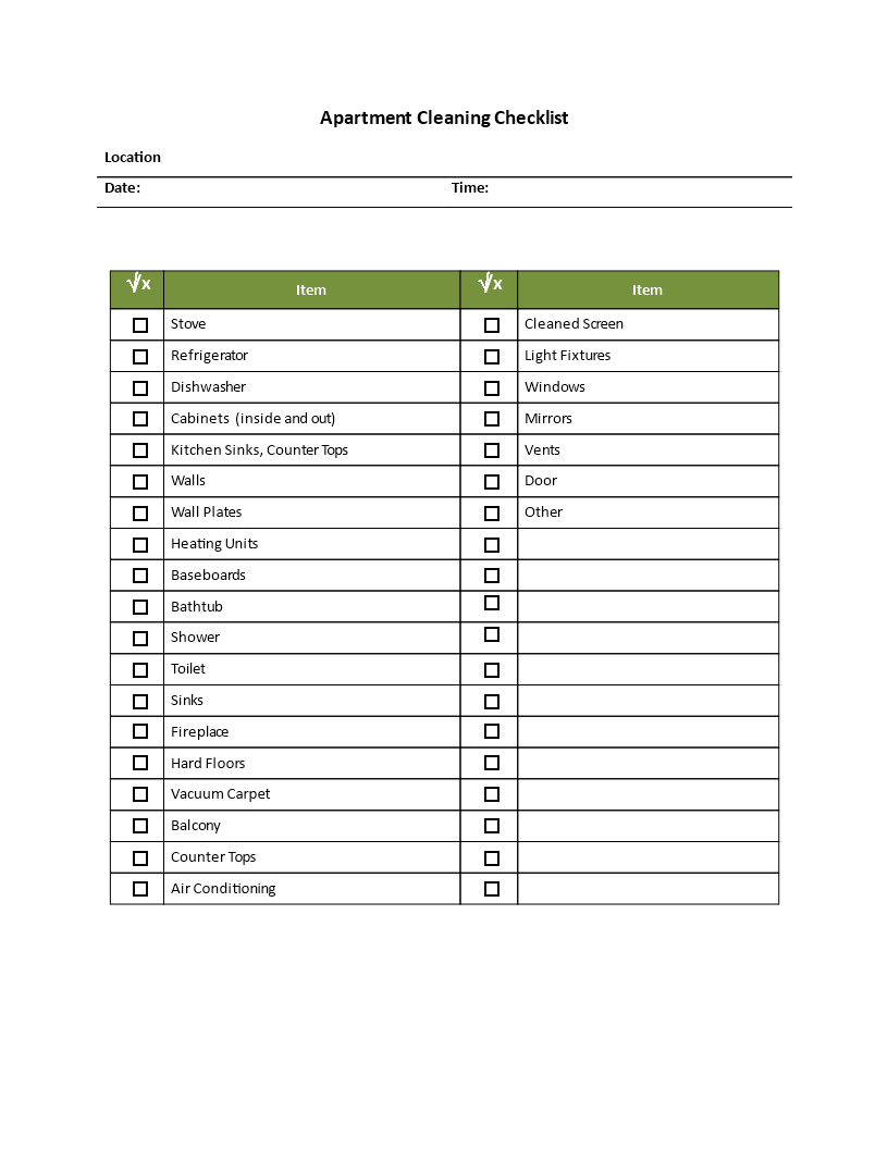 apartment cleaning checklist template voorbeeld afbeelding 