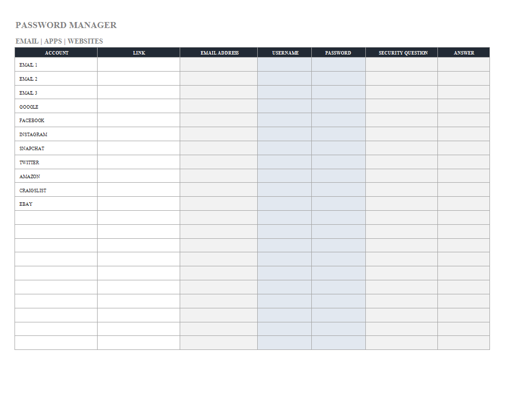 Password List Template in excel main image
