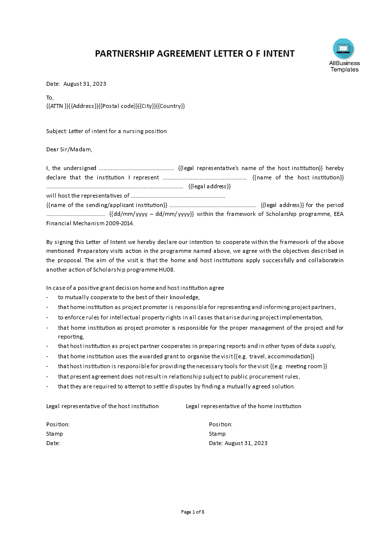 partnership agreement letter of intent Hauptschablonenbild