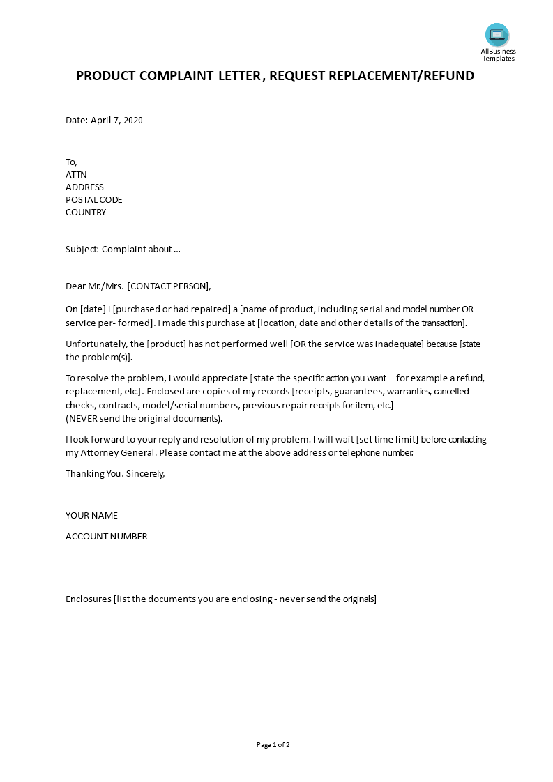 product complaint letter request for refund Hauptschablonenbild
