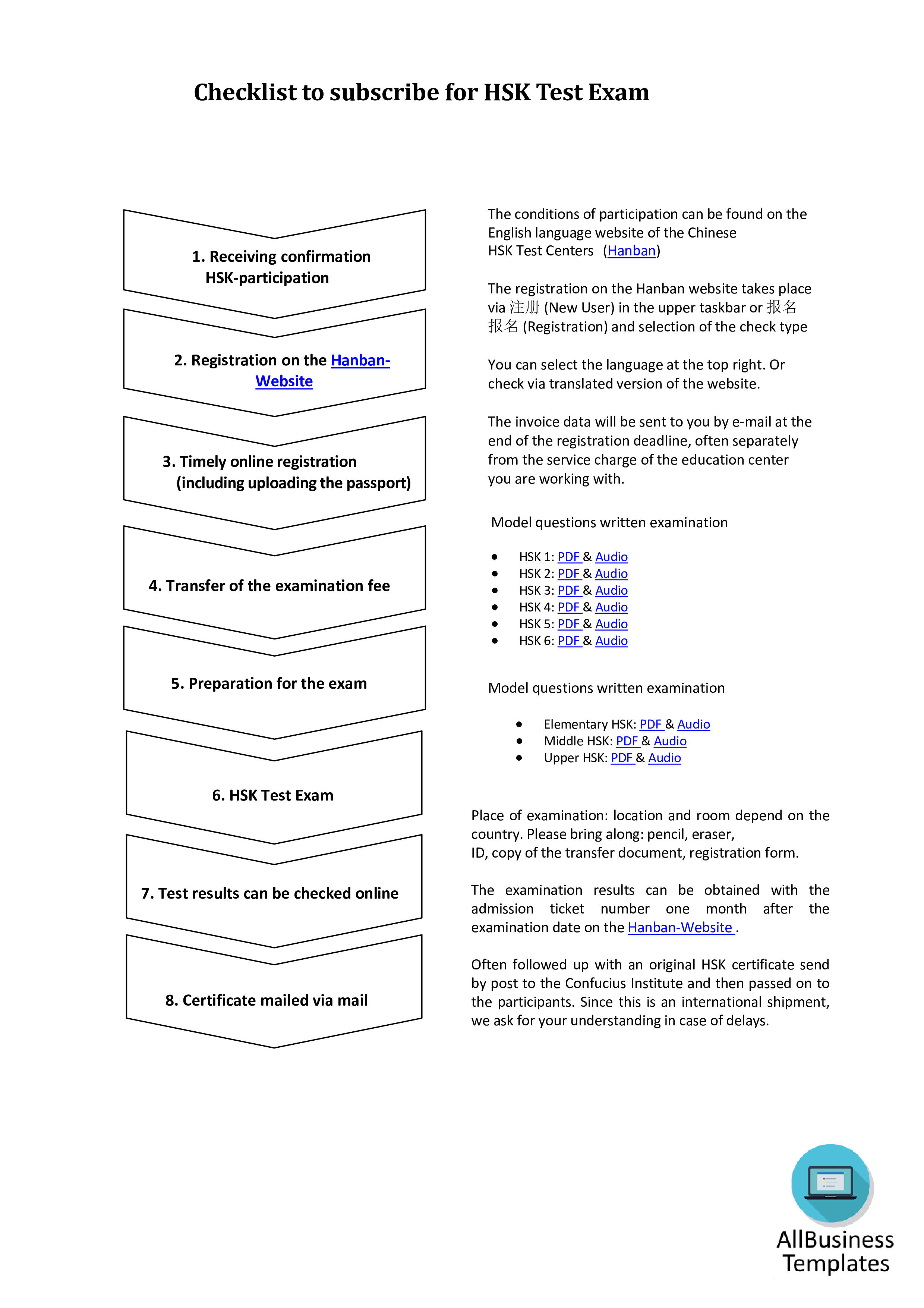 hsk test exam checklist modèles