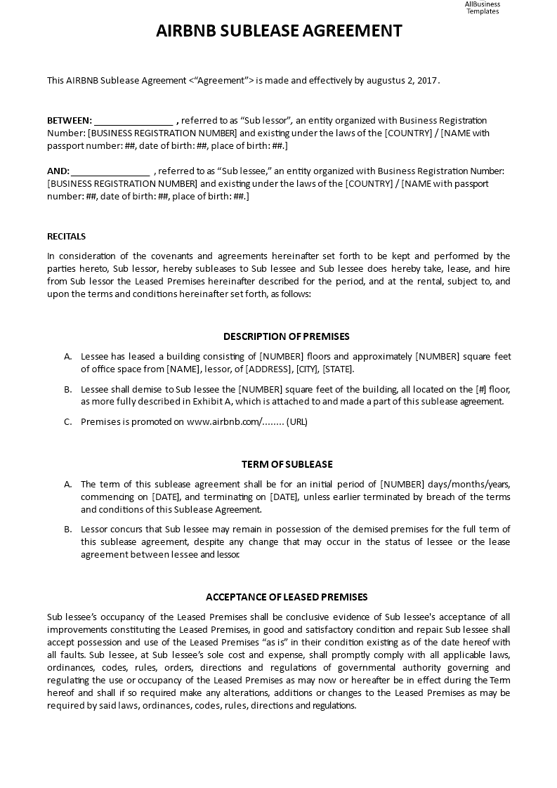 airbnb sublease agreement template
