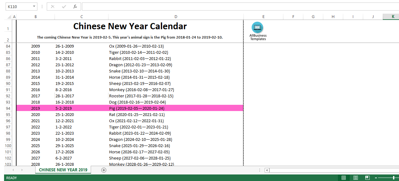 chinese new year calendar 2019 excel overview template