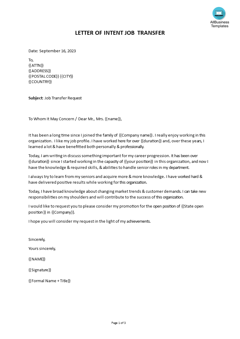 letter of intent for job transfer modèles