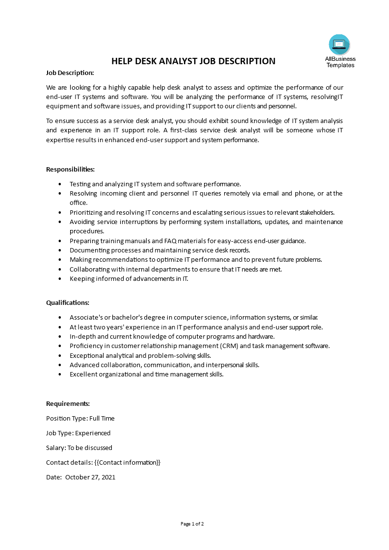 help desk analyst job description template