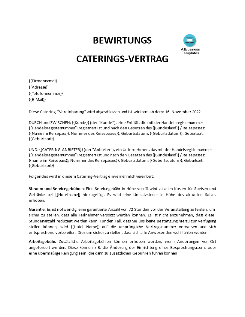 bewirtungs catering-vertrag modèles