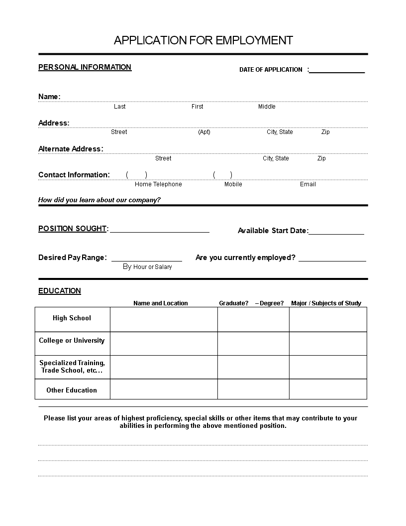 job application form for employee template
