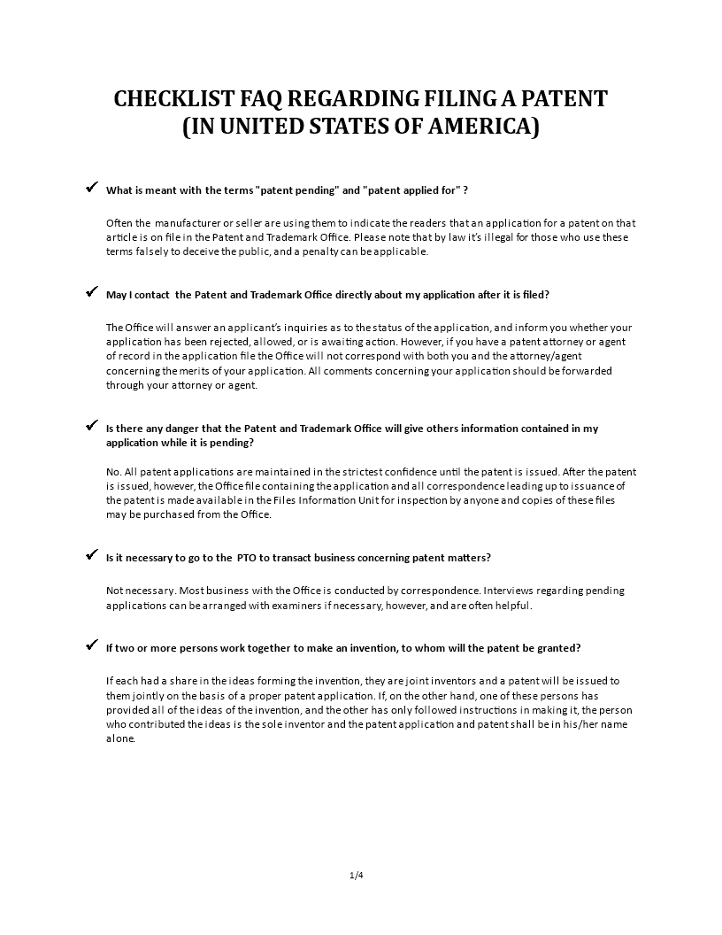 Checklist FAQ About Patents USA 模板