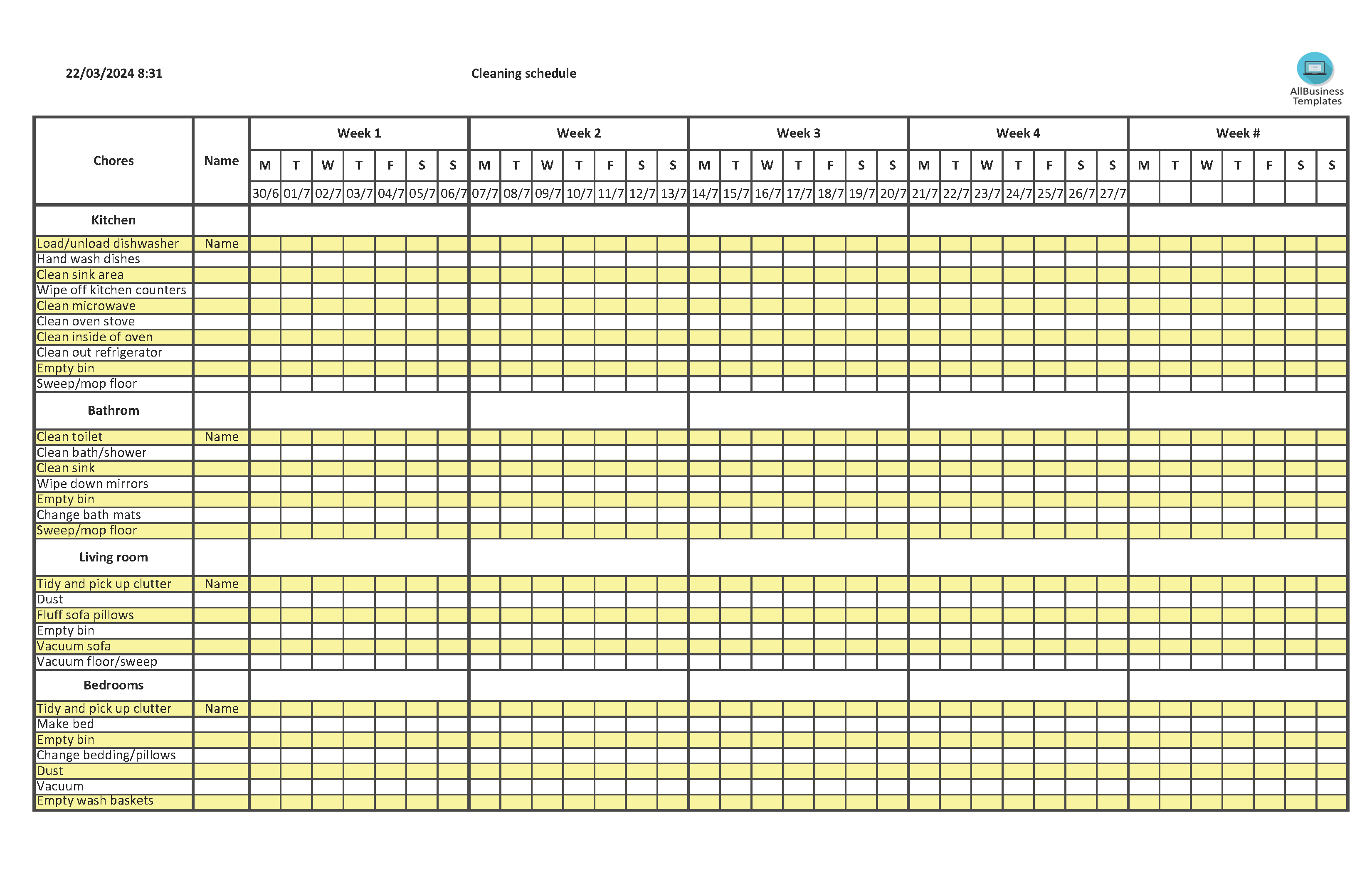 Excel Weekly Cleaning Schedule 模板