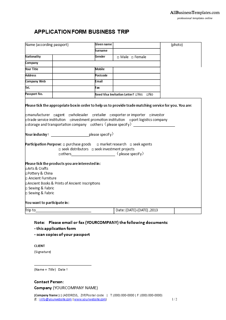 business trip application form template