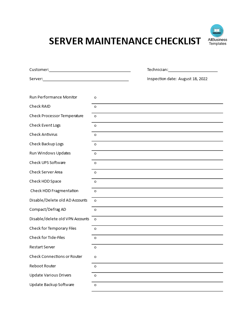 quarterly maintenance checklist voorbeeld afbeelding 