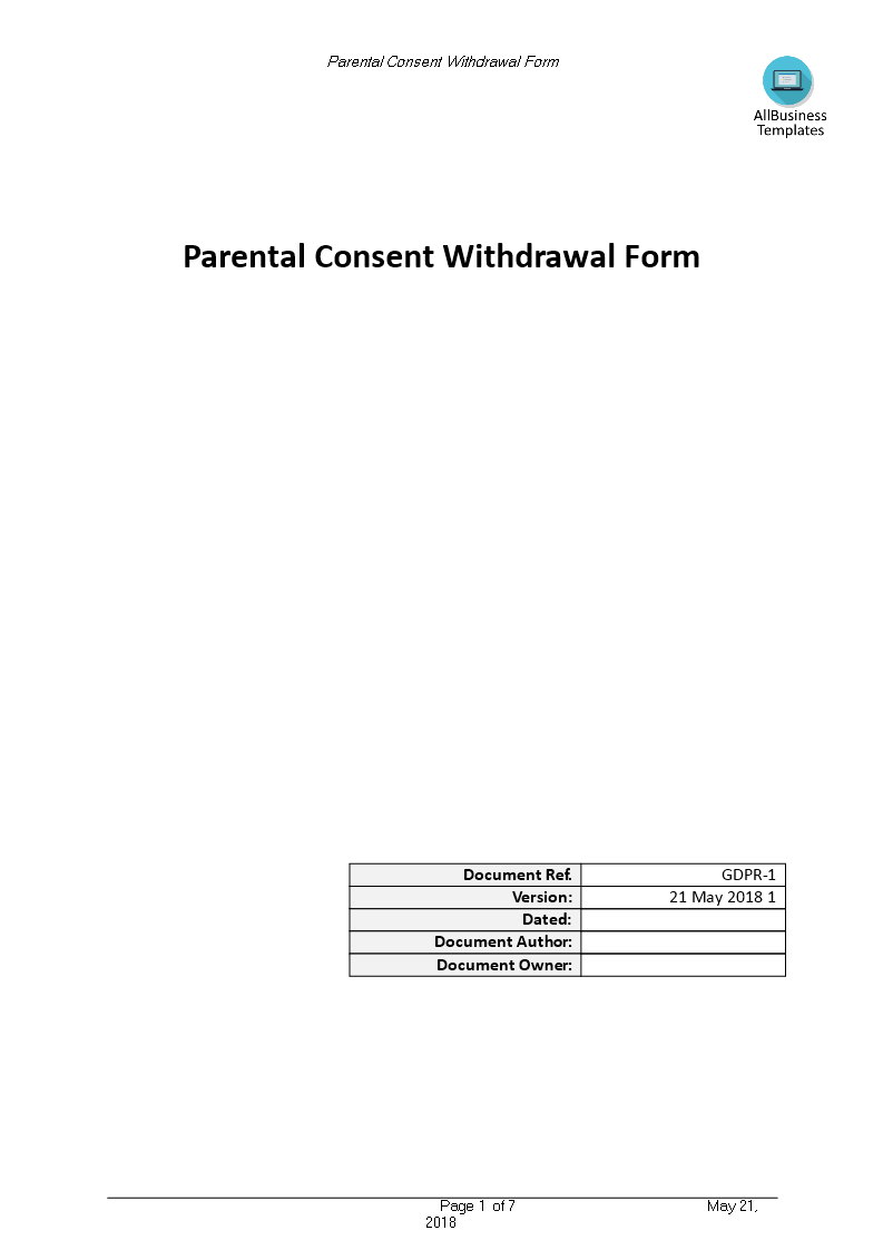 GDPR Parental Consent Withdrawal Form 模板