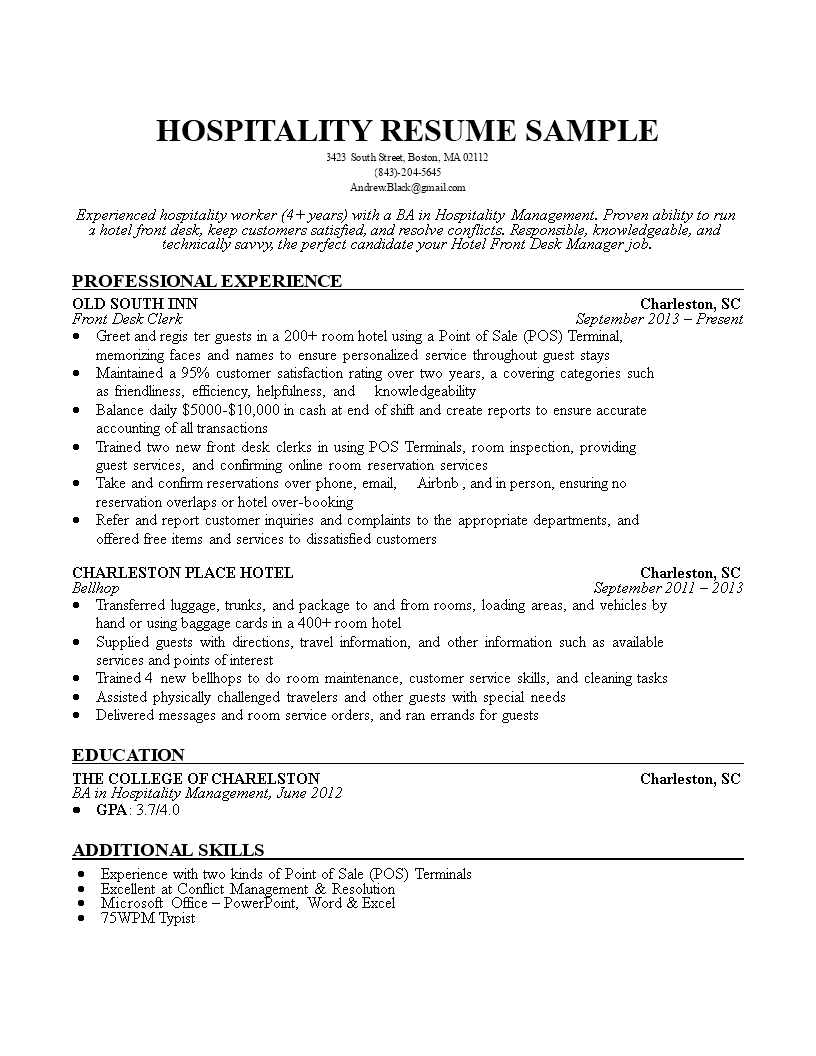 hospitality worker resume template