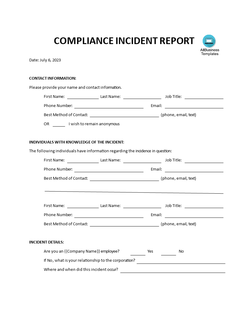 compliance incident report template template