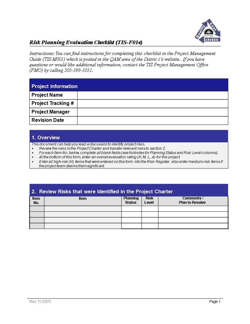 Project Planning Risk Evaluation Checklist 模板