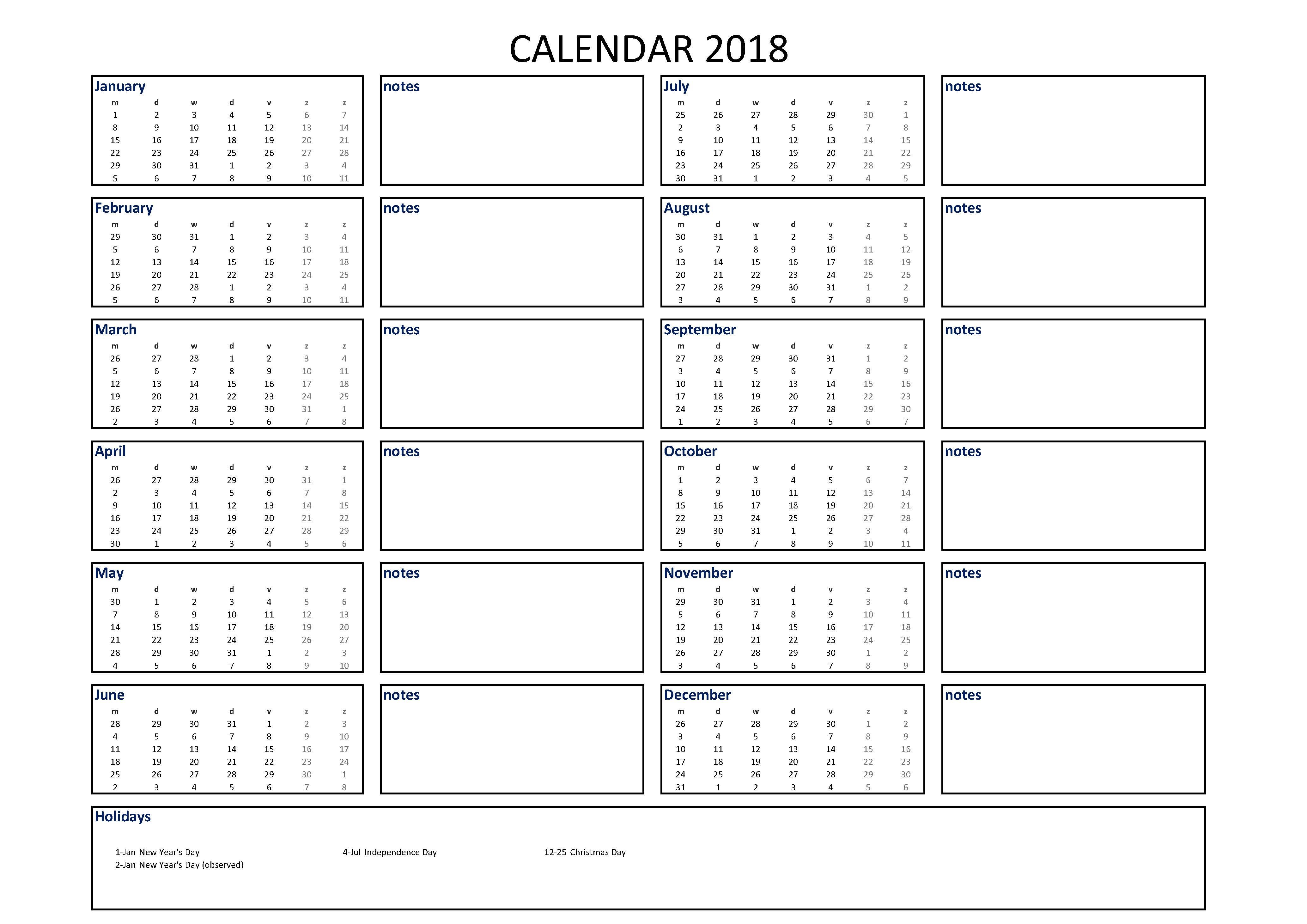2018 Calendar Excel A4 size with notes main image