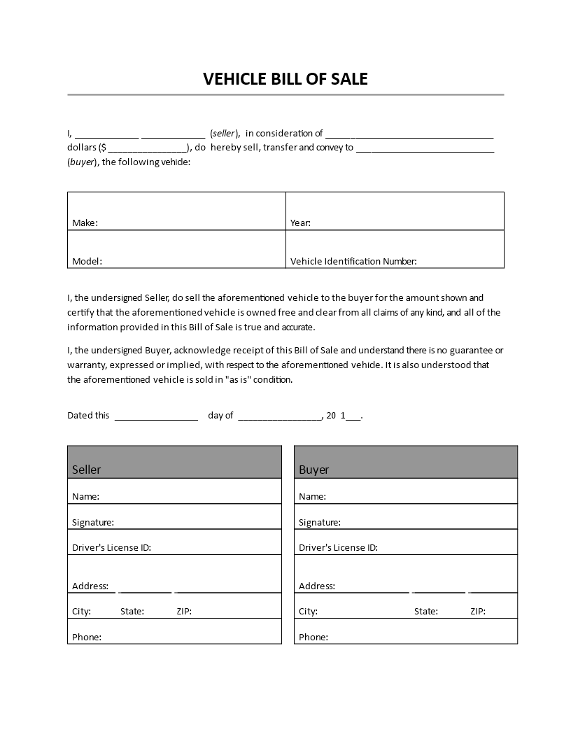 bill of sale for automobile template