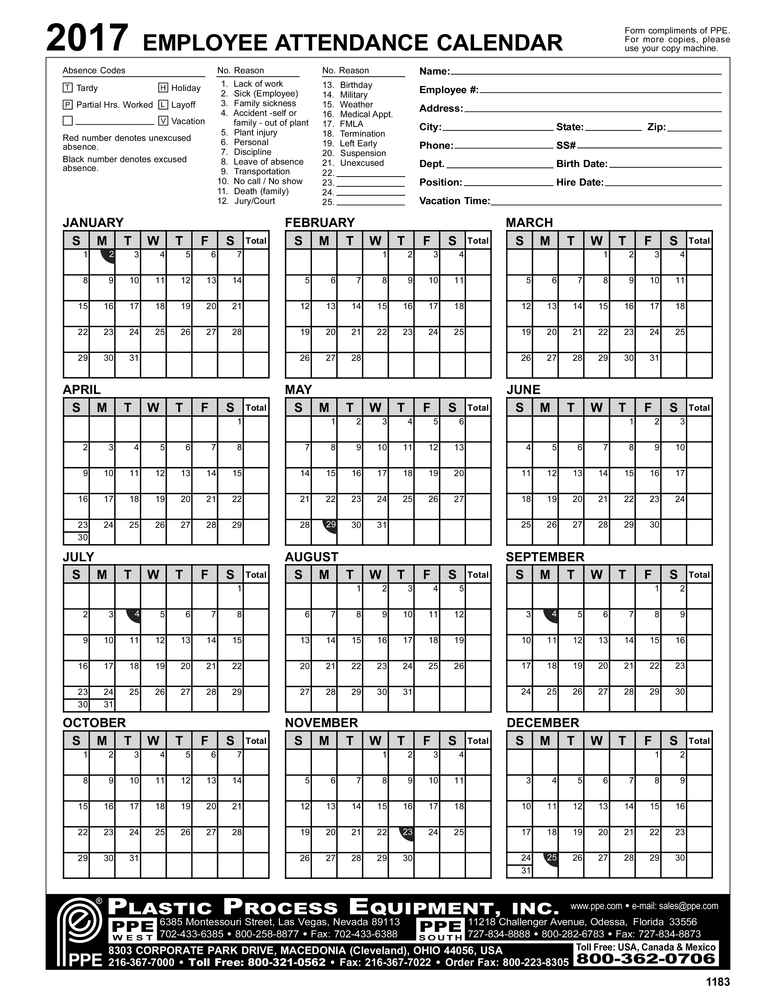 Annual Employee Attendance Calendar 模板