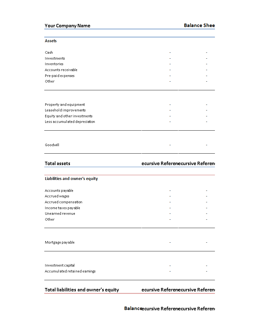 Balance Sheet spreadsheet template 模板