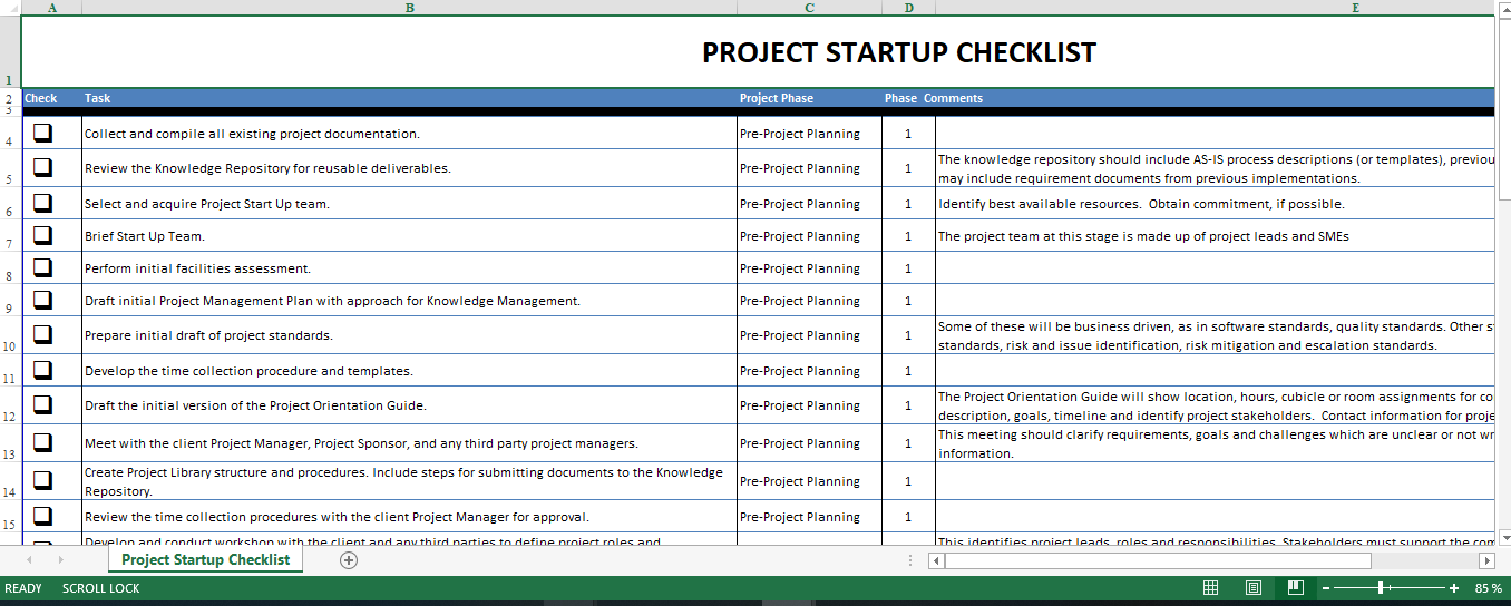 project startup checklist excel template