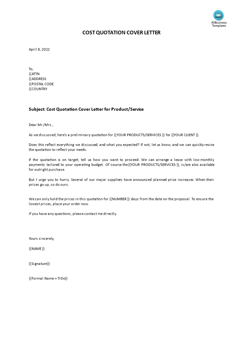 cost quotation cover letter template