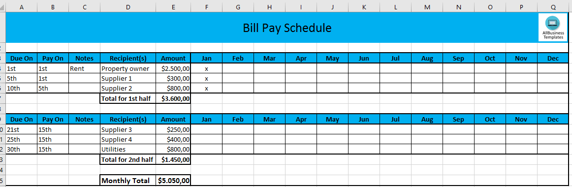 monthly payment schedule in excel template
