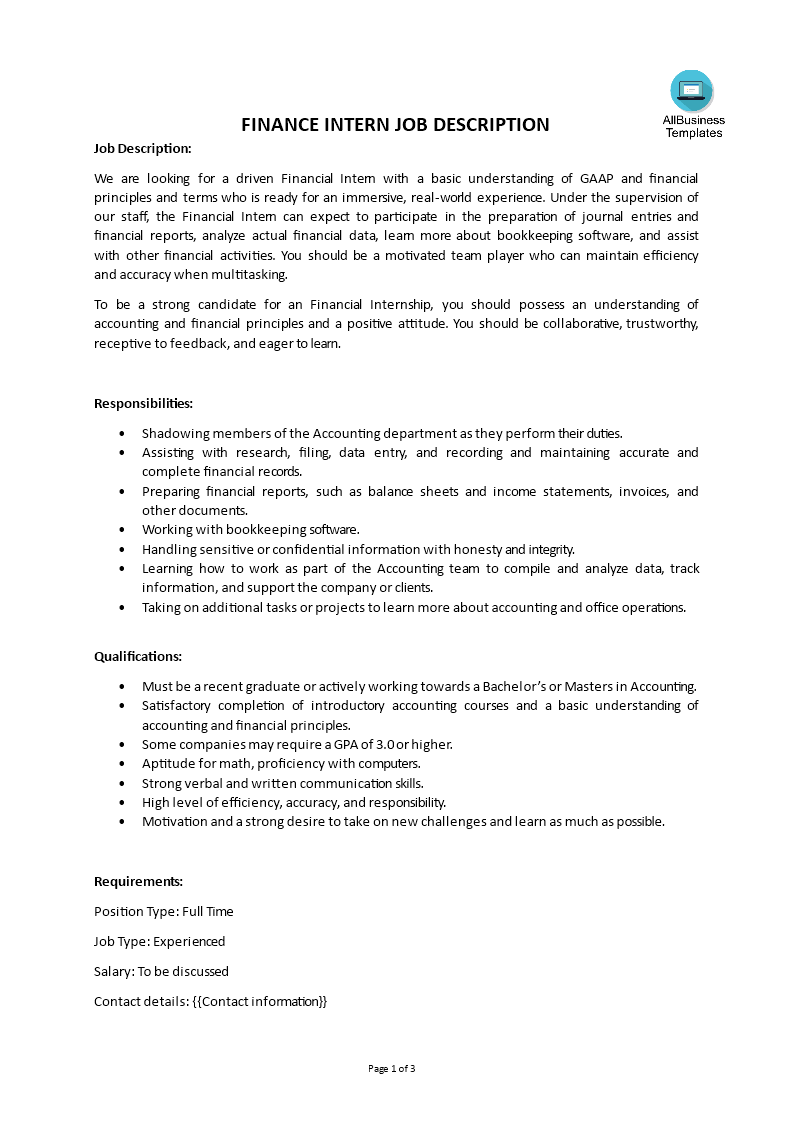finance intern job description template