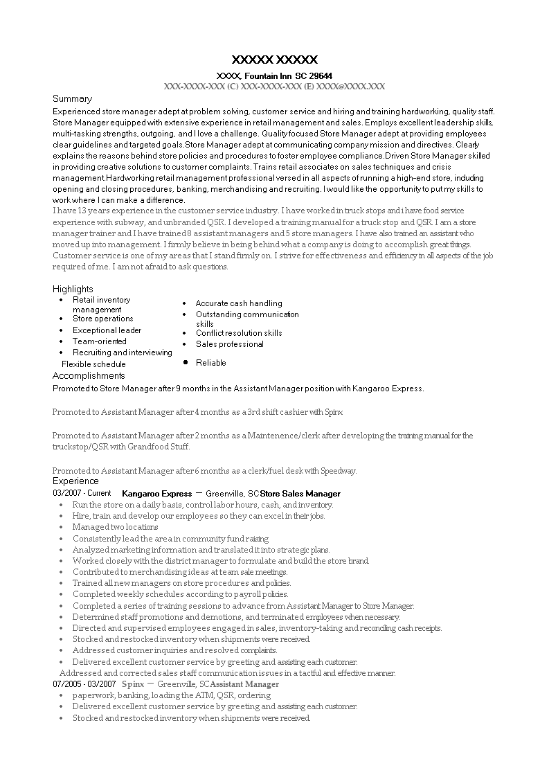 Store Sales Manager Resume main image