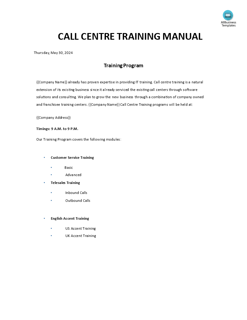 Call Centre Training Manual sample main image