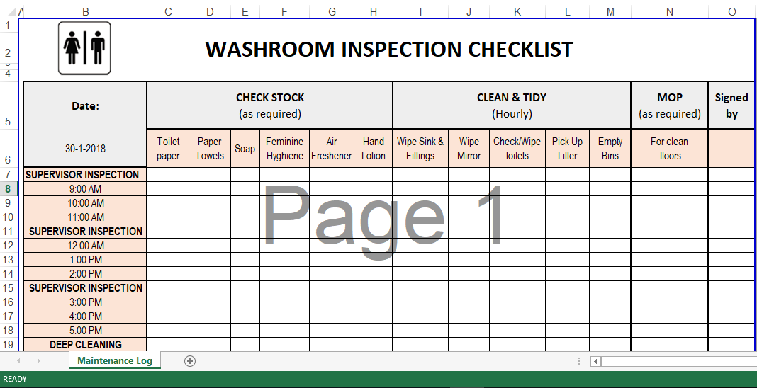 浴室清洁的核对表微软的Excel 模板